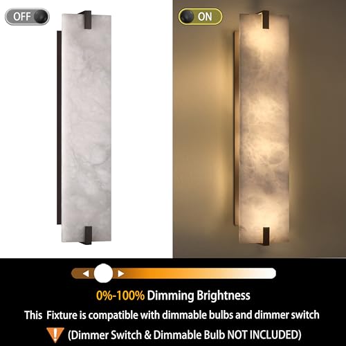 Image of 24.7 inch Natural Square Alabaster Marble Modern Concise 2 Pack 2 Light Wall Sconce Fixture,Oil Rubbed Bronze Finish for Bathroom Bedroom Hallway Bedside Staircase Vanity Mirror