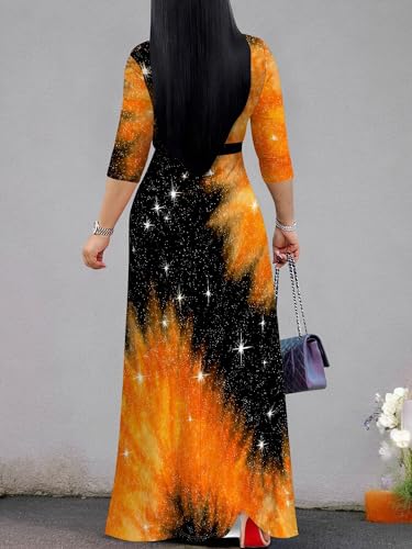 Image of Plus Size Dresses for Women Print Maxi Dresses 3 /4 Sleeve with Belt