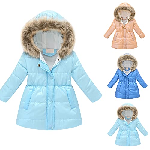 Girls Winter Coats Hooded Sherpa Lined Lightweight Jacket Thick Warm Puffy Cotton Floral Print Jackets Outerwear (Light blue, 6-7 Years)