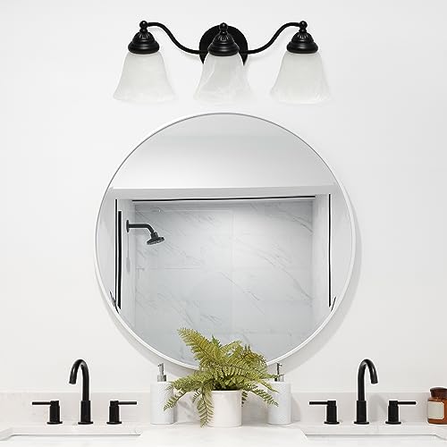 Image of Simple Designs VT1023-BLK 19.25 inch Classic 3 Light Winding Metal and Frosted Marble White Bell Shape Glass Shades Decorative Wall Mounted Vanity Fixture For Bathroom, Entryway, Hallway, Black