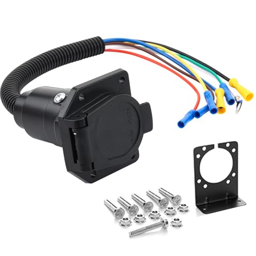 7 Pin Trailer Plug, Universal 7 Way RV Trailer Light Connector Socket Electrical Trailer Wire Adapter Quick Converter with Mounting Bracket, Truck End Quick-Install Wiring Harness Vehicle Side