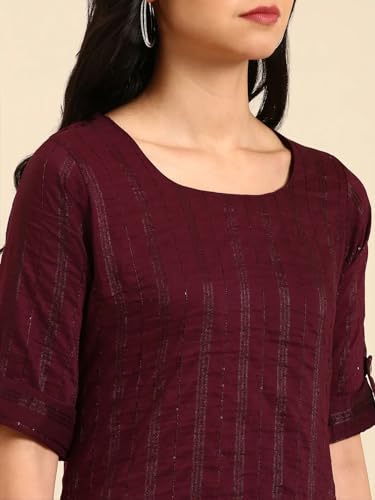 Image of SHOWOFFFF Women Woven Design Two-Piece Straight Ethnic Kurta Set | Scoop Neck 3 /4th Sleeves Silk Kurta Set for Womens | Mid-Rise Regular Fit Calf Length Kurta Set for Women's