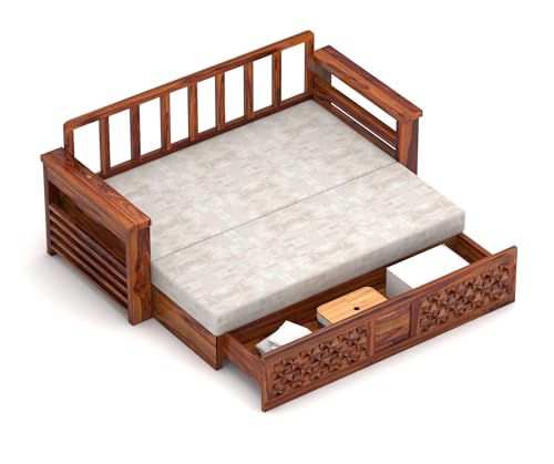 Image of Solid Wood Sofa Cum Bed for Living Room | Wooden Pull-Out Sofa Bed with Carved Front Design | Modern 3 Seater Convertible Diwan Bed for Home & Guest Room (Honey Finish)