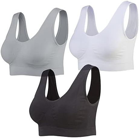 Lemef 3-Pack Seamless Sports Bra Wirefree Yoga Bra with Removable Pads for Women (Large, Black&White&Grey)