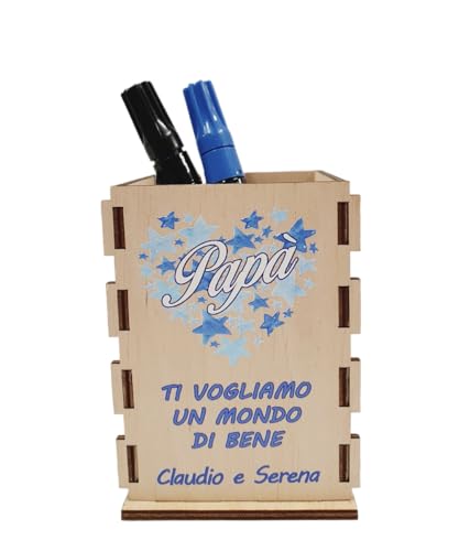 Portapenne in Legno Personalizzato per Papà, Organizer da Scrivania con Messaggio d'Amore, 3 grafiche a colori personalizzate - idea regalo festa del papà babbo (cuore di stelle celesti)