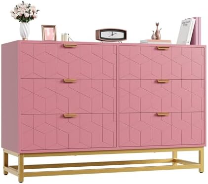 IDEALHOUSE Pink 6 Drawer Dresser with Wide Storage, Wood Dresser ...