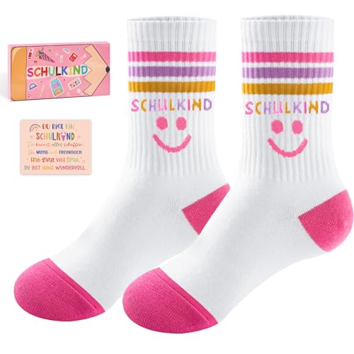 SukModen Schulkind Socken mit Geschenkbox und Mutmachkarte Einschulung Geschenk für Kinder Baumwollsocken EU 25-34 für Schule Alltag und Sportunterricht Blau Rosa Lila