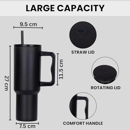 Image of Black Stainless Steel Tumbler with Handle 1200 ml, Straw & Cleaning Brush, Double Wall Leakproof Sipper Tumbler, Cup Holder Fit Travel Mug for Men Women, Portable Tumbler for Gym & Office