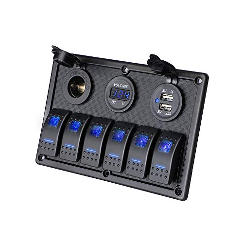 6 Gang Rocker Switch Panel - JOYHO Fuse Panel Waterproof, Digital Voltmeter Display, Dual USB Charger Port DC 12V Power Socket, 12/24V Breaker Switch for RV Marine Car Vehicles Truck Boat, Blue Light