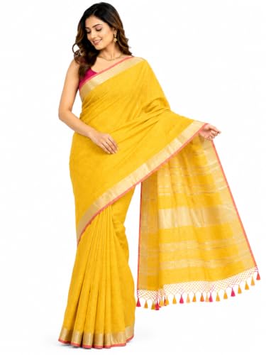 Image of HAIDER ALI AND SONS Grey Cotton Linen Saree for Women | Soft Linen Slub Blend Saree with Running Blouse Piece | Lightweight Handloom Style Saree | Office, Casual, Party & Festival Wear