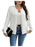 BEAUDRM Women's Plus Size Pearls Beaded Cardigan Open Front Long Sleeve Casual Sweater Top White 3XL