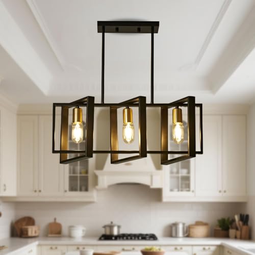 HTsilphelene Iluminación de isla de cocina, lámpara de mesa de comedor de 3 luces, luz de isla rectángulo para comedor y sala de estar, pasillo del vestíbulo, E27, marco de madera.