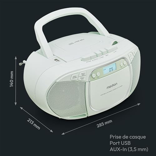 MEDION E66476 Stereo Sound System (Boombox, Lecteur CD, MP3, Cassette, Lecteur de Cassette Portable pour Enfants, Radio FM, AUX, écouteurs, Secteur & Batterie) Vert