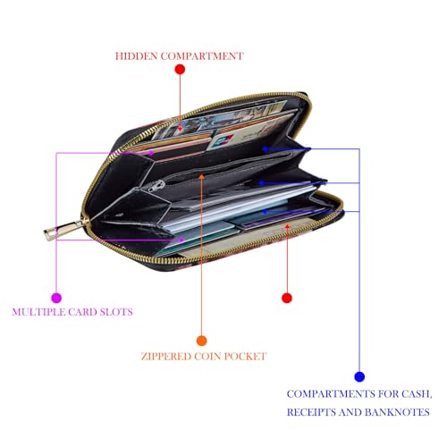 RFID-Blocking Zip Around Wallets for Women with Detachable Wrist Strap,Large Capacity Phone Holder with Card Organizer & Coin Pocket,Horse With Cherry Blossom3