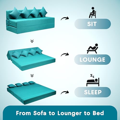 Image of Amazon Brand - Solimo 4 Seater 6 * 6 Jute Fabric Washable Cover Sofa Cum Bed with 4 Cushions 4 Seater Double Foam Fold Out Sofa Cum Bed (Finish Color - Sky Blue Delivery Condition - Pre-Assembled)