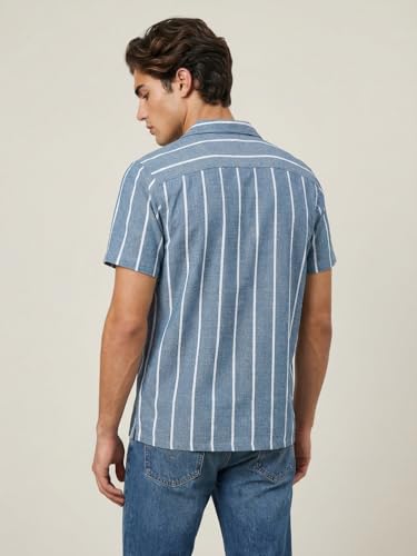 Image of Urbano Fashion Men's Cotton Half Sleeve Relaxed Fit Linen Striped Shirt with Cuban Collar