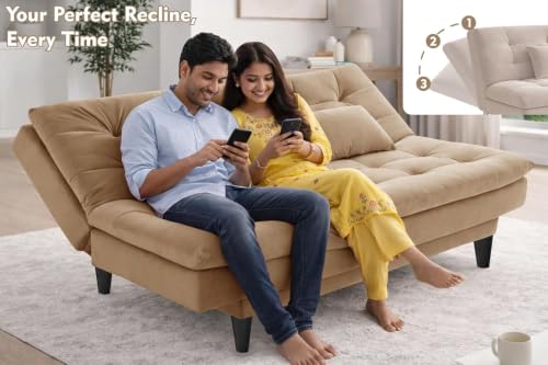 Image of Rosebell Modern 3-Seater Sofa Cum Bed Foldable Velevt Fabric Sofa, Seating, Stylish Design for Living Room, Guest Room & Office-Golden-Color
