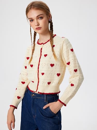 CIDER Women's Cardigan Crew Neck Heart Print Color Block Button Down Crop Top Long Sleeve Cute Cardigan: Ivory, M4