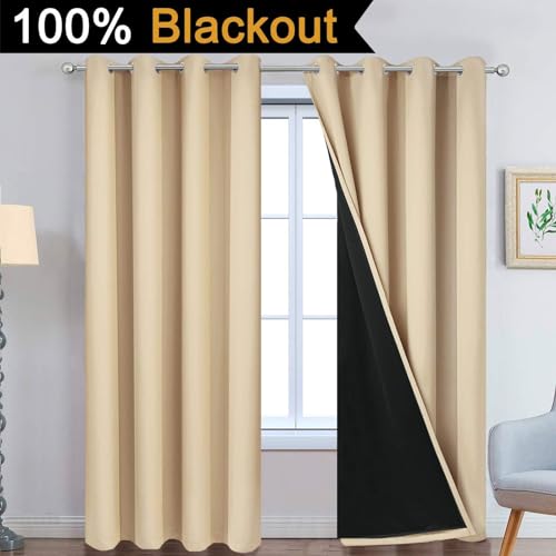 Image of Yakamok Beige 100% Blackout Curtains 90 Inches Long for Bedroom 52 inch Wide | Blackout Curtain Panels for Bedroom, 2 Thick Layers Grommet Top Thermal Insulated Drapes with Black Liner for Living Room