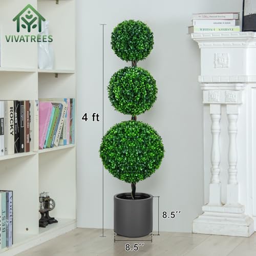 VIVATREES 4FT Artificial Triple Ball Topiary Trees with Gray Planter Pot, Outdoor Indoor Realistic Faux Shrubs Plants, Fake Trees for Home Offices Porch Decor, Set of 2