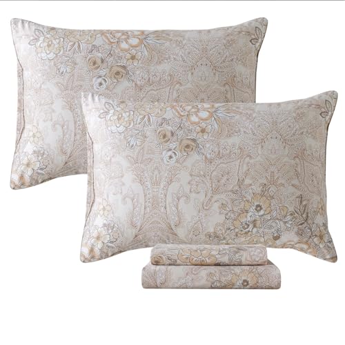 FADFAY Twin XL Paisley Sheets for College Percale Cotton Grey Paisley Patterned Bed Sheet Shabby Vintage Chic Bedding Dorm Room Soft Crisp & Cool Deep Pocket Fitted Sheet, 4Pcs