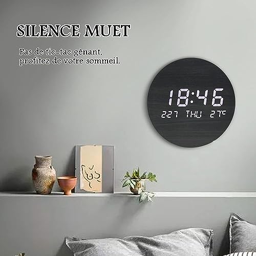 Horloge murale moderne numérique LED avec date et température en bois - 5