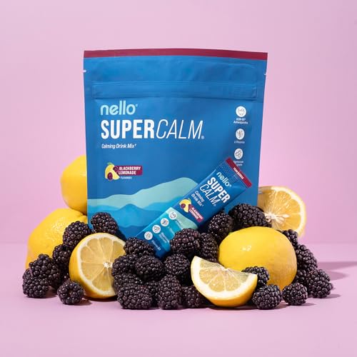 Image of Nello Supercalm Powdered Drink Mix, Cortisol Reducer*, Sleep Aid Supplement, L Theanine, Ksm-66 Ashwagandha, Magnesium Glycinate, Vitamin D 3, No Sugar, Non GMO, 20 Ct, BlackBerry Lemonade