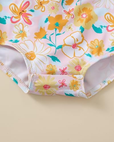 Image of Toddler Girl Swimsuit Baby Girl Bathing Suit Long Sleeve Floral Zipper One-Piece Rash Guard Swimsuit with Hat