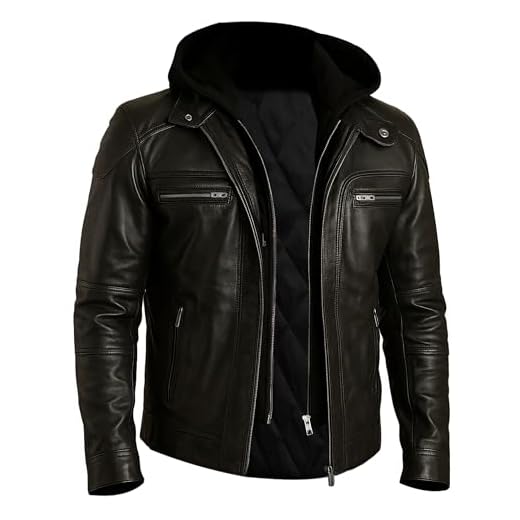 STOREJEES Jaqueta masculina de couro preto com capuz removível - Jaqueta de motocicleta de couro de cordeiro real, Preto, 5G