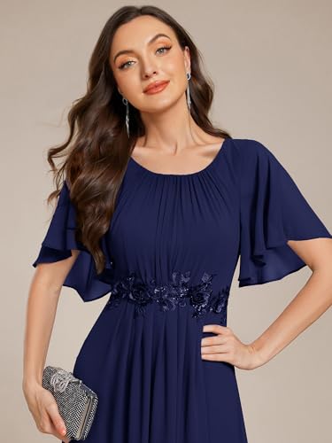 Image of Ever-Pretty Women's Classic Round Neck Pleated Short Sleeves Chiffon Appliques Floor Length A Line Formal Evening Dresses