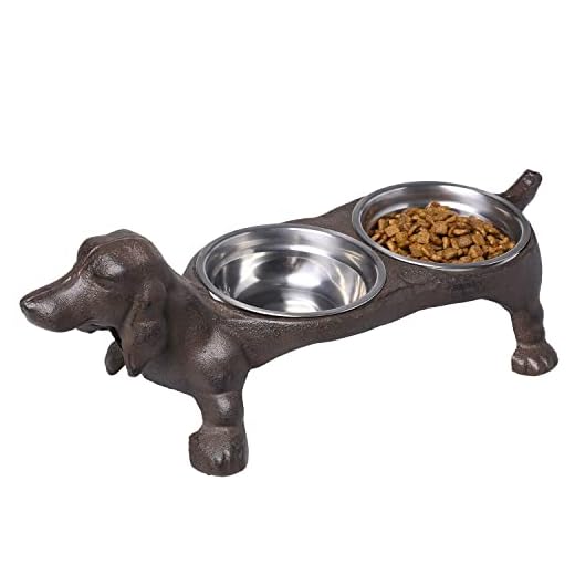 MyGift Rustic Heavy Cast Iron Dachshund Shaped Raised Dog Food and Water Bowls Pet Feeder with 2 Removable Stainless Steel Bowls