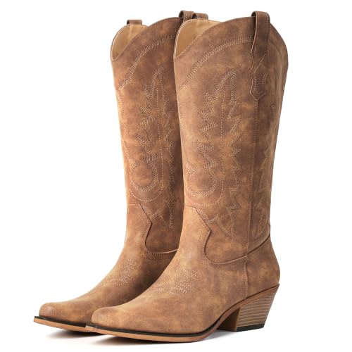 Image of Women's Pointed Toe Mid Calf Cowboy Boots - Cowgirl Boots with Chunky Heel