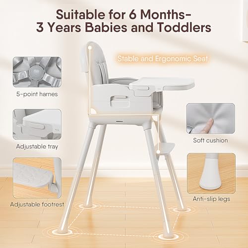 Image of Obee Odee 3-in-1 Portable Baby High Chair for Babies and Toddlers, Convertible Easy Clean Infant Foldable Highchair with Adjustable Legs & Dishwasher Safe Tray, Grey