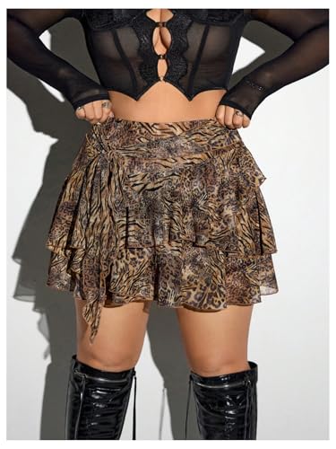 Verdusa Women's Plus Size Y2K Leopard Print Layered Ruffle Skirt Tie Knot Party Club Mini Skirts4