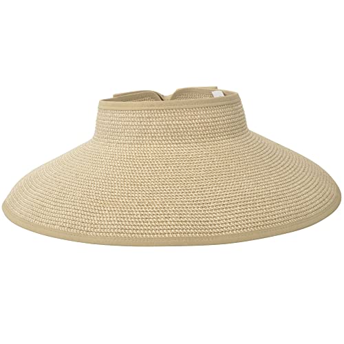 Simplicity Women Travel Straw hat w/ Wide Brim Roll-up Sun Visor, Beige Brown Mix