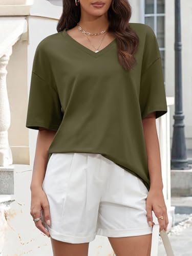 Image of ATHMILE Womens Oversized Shirts V Neck Plus Size Spring Workout Summer Tops Beach Vacation 2026 Gym Clothes Basic Tee