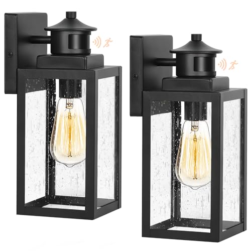 BesLowe 2-Pack Motion Sensor Outdoor Wall Lights, Dusk to Dawn Porch Lights Outdoor Sconces with Seeded Glass, Black Exterior Lighting Fixtures Wall Mount, Outside Lights for House Front Door Garage