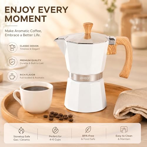 Image of AXEON Classic Moka Pot Espresso Coffee Maker - 240ml | Italian Style Mocha & Gas Stovetop Compatible | Food-Grade Aluminum with Cool Touch Handle | Brews 6 Cups, (Classic White Finish)