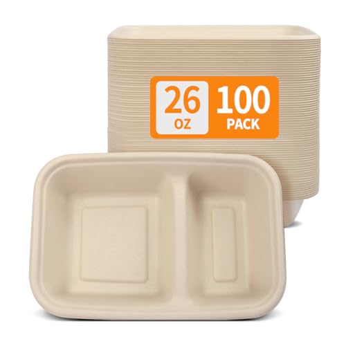 Celel 100 Pack 2 Compartment Divided Bowls Disposable Chip and Dip Tray, Chips and Salsa Serving Dish Two Compartment Paper Food Boats