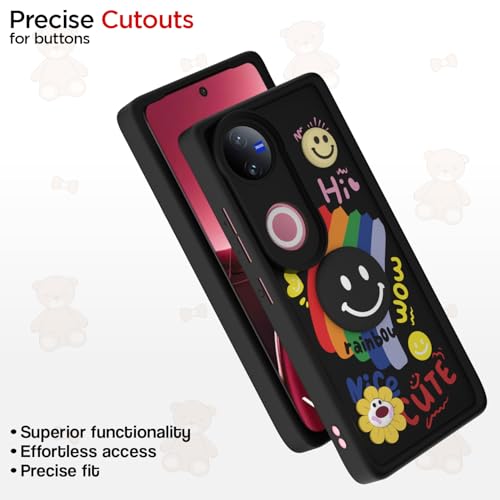 Image of Pikkme Back Cover for Vivo T4R 5G / iQOO Z10R 5G / Vivo V50 5G / V50e 5G | Soft Silicone| Cute Rainbow Smile & 3D Cartoon Flower Design | Shockproof Raised Camera Protection Bumper Case (Black)