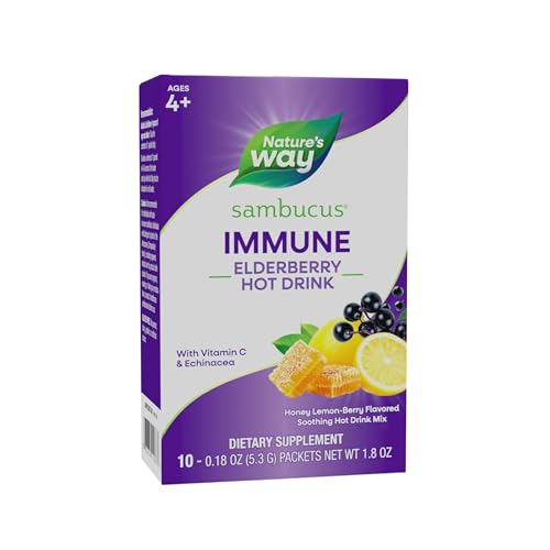 Nature's Way Sambucus Elderberry Hot Drink Mix with Vitamin C and Echinacea, Immune Support*, Honey Lemon-Berry Flavored, 10 Packets