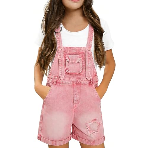 Girls Star Denim Overall Shorts Kids Summer Adjustable Strap Rompers Teen Wide Leg Jumpsuit Vintage Loose Fit Jeans Shortall (Pink, 15-16 Years)