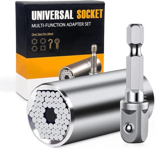 Geekman Fathers Day Dad Gifts from Daughter Son Wife, Silver Universal Socket Tools, Socket Set with Power Drill Adapter Stocking Stuffers for Men, Tools Gifts for Husband Dad DIY Handyman