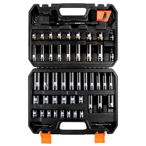 LLNDEI 3/8 inch Drive 12 Point Socket Set 71 Piece SAE(5/16-3/4in) and Metric(8-22mm) Deep & Shallow CR-V.With Drill Socket Adapter & Extension Bar 3/8 in Hex Key Set 12Pt Can Also Be Used on 6pt