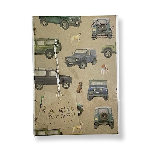 4 x 4 Off Roader Recycled and Recyclable Gift wrap with Spaniel, Labrador and Collie Dogs - 2 Sheets and 2 Strung Tags - Birthday - Christmas - Father's Day