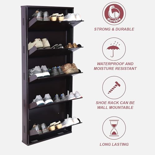 Image of Metal Shoe Rack Wall Mounted for Home with Central Locking |5 Door 28 inch Wall Mounted Metal 15 Pair Shoe Rack Cabinet | Pre-Assembled Rack Shelves | 3 Year Warranty (Brown)