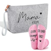 Jadive 2 Stück Geschenkset für Werdende Mütter Mama Kram Kosmetiktasche aus Filz mit Reißverschluss Schwangerschaft rutschfeste Socken für Neue Mama Frauen Babyparty Verkünden (Hellgrau, Rosa)