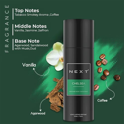 Image of Next Care Chelsea Daily Use Deodorant for Men | Perfumed Body Spray | Long Lasting Deo,150ml | Fragrances of Smokey Aroma, Vanilla & Oudh