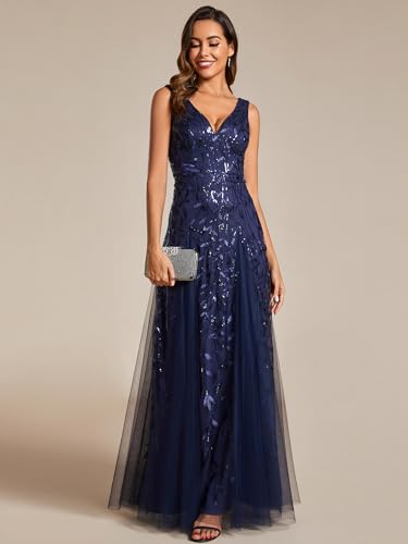 Image of Ever-Pretty Women's Prom Dresses V Neck Sleeveless Tulle Hem A-Line Sequins Maxi Ball Gowns 02130