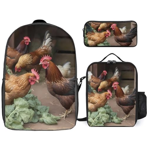 3 Piece Backpack for Women Men Lightweight Causal Daypack Shoulder Bag Set with Insulated Lunch Bag And Pencil Case Organizers Farm Chickens